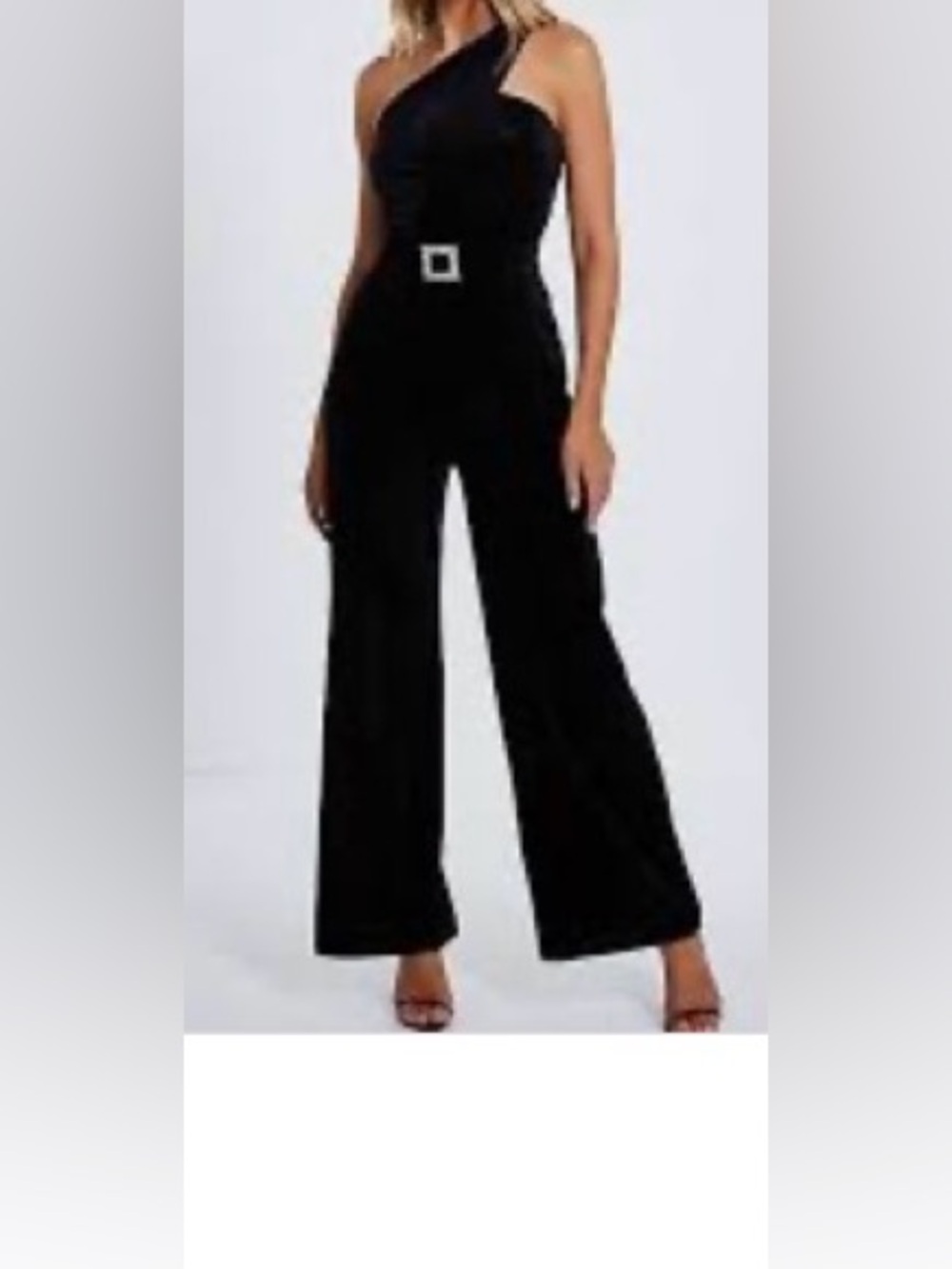 One-Shoulder Velvet Black Wide-Leg Jumpsuit with Belt